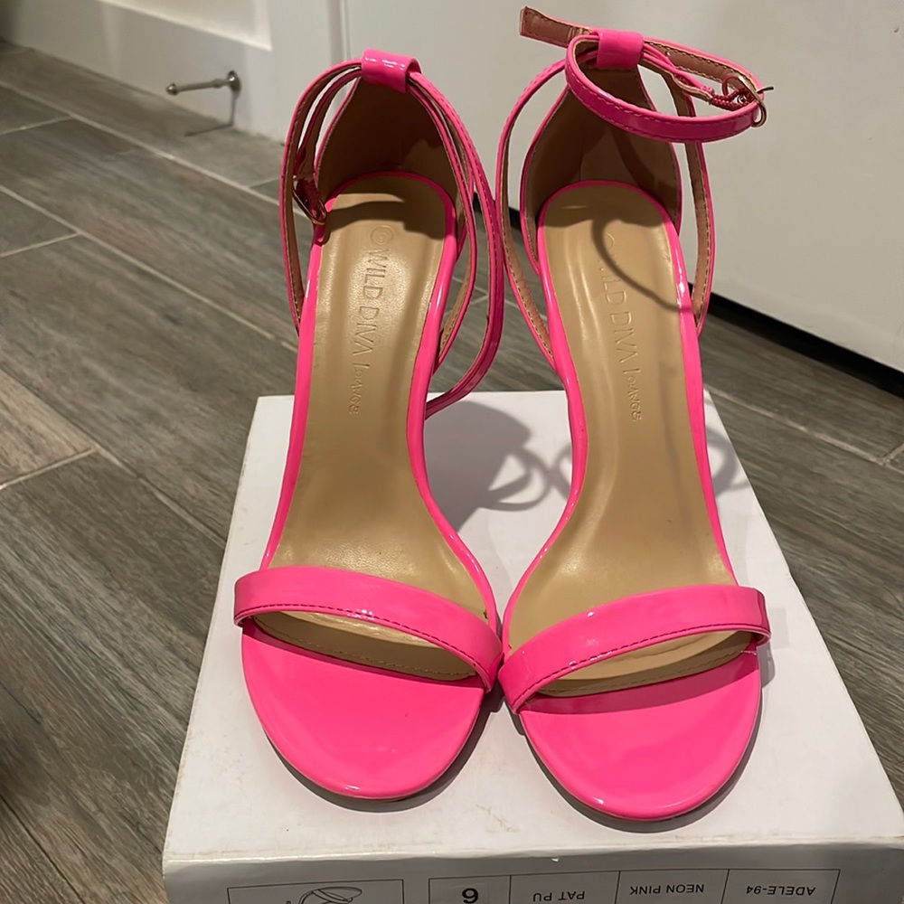 Neon Pink Patent Leather, open toe stiletto with ankle strap.